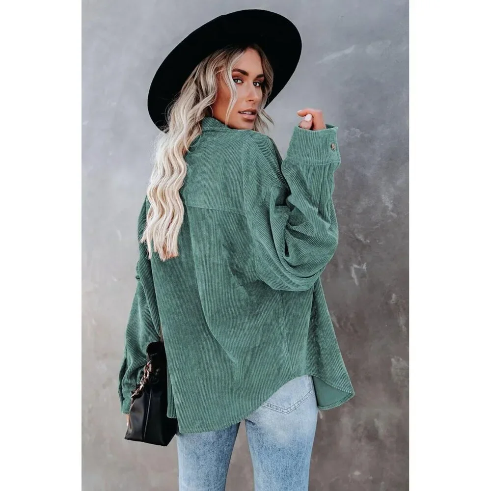 Women Green Collared V Neck Button Down Oversized Long Sleeve Shirt Top - Picture 6 of 6